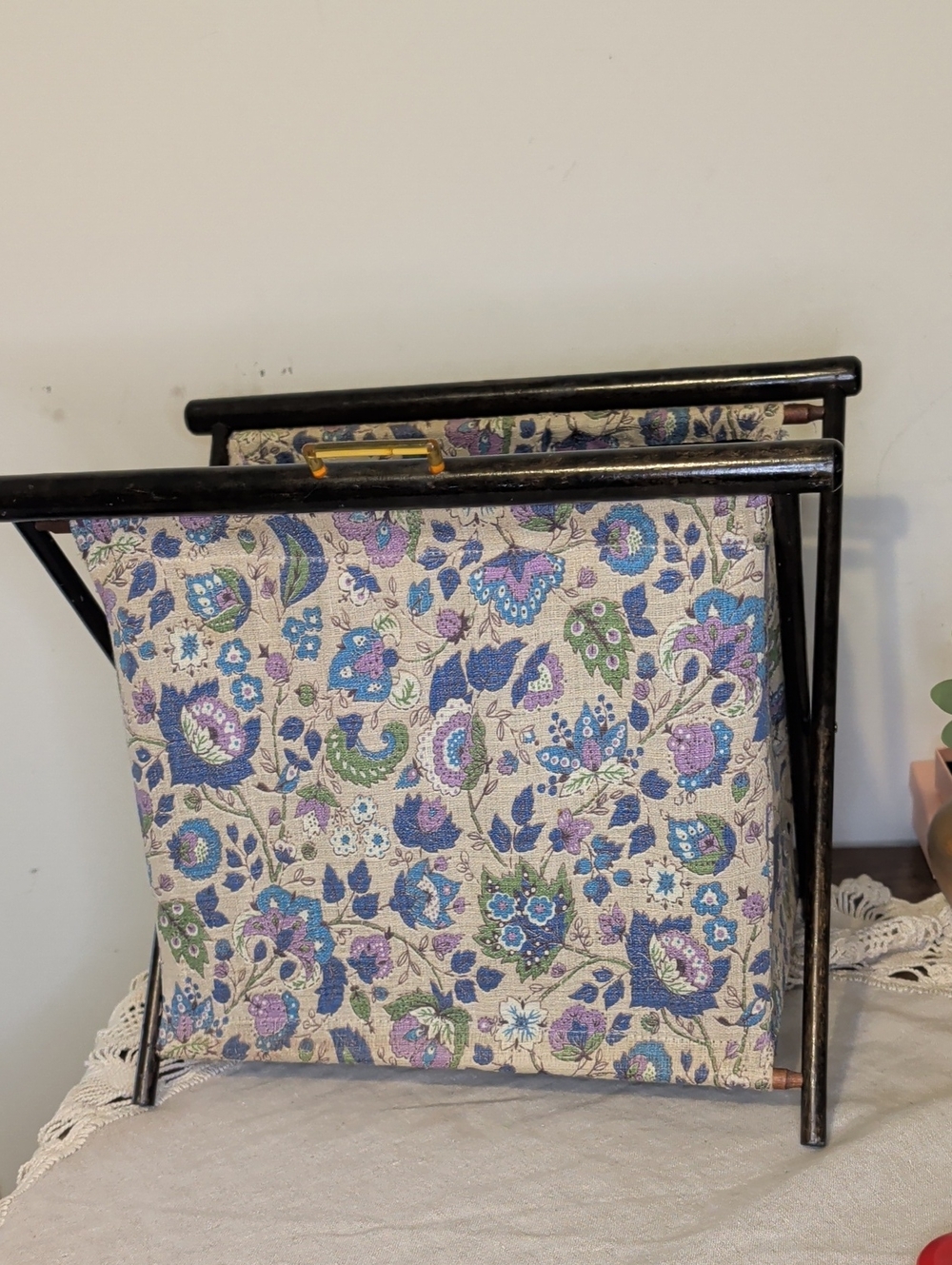 70's Vintage Folding Magazine Rack Floral Fabric Wood Frame Knitting Basket Boho